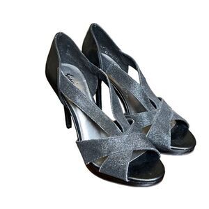 Fioni Night Metallic Sparkle Black Heels Strappy Open Look Slip On Size 9.5